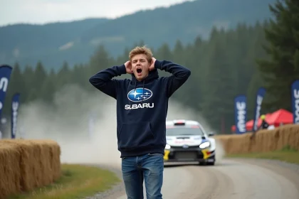 Jeune fan de rallye en extérieur avec voiture en arrière-plan