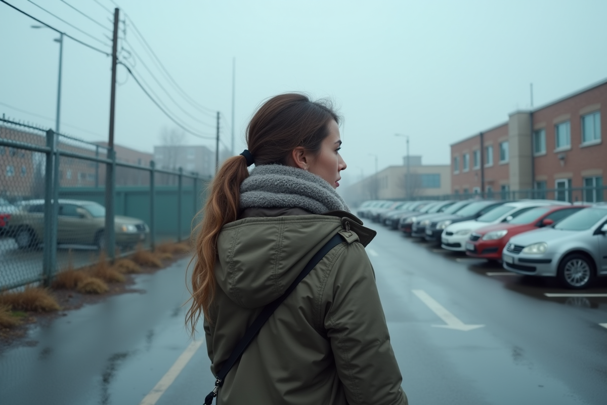Jeune femme approchant un parking de véhicules enlevés