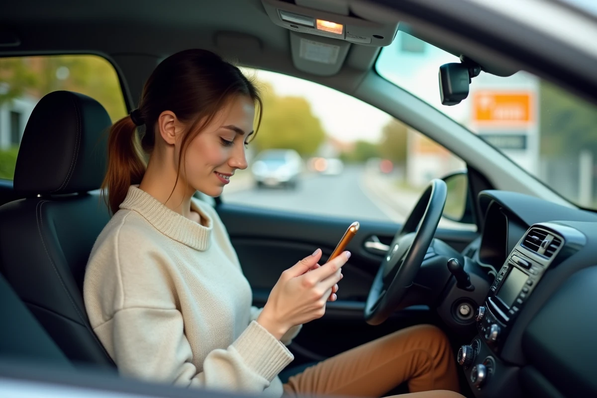 Jeune femme vérifiant apps carburant dans sa voiture