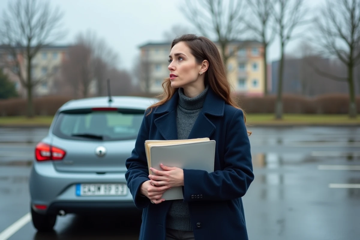 Femme tenant des documents d'assurance auto à côté d'une voiture immatriculée en Ukraine dans un parking européen