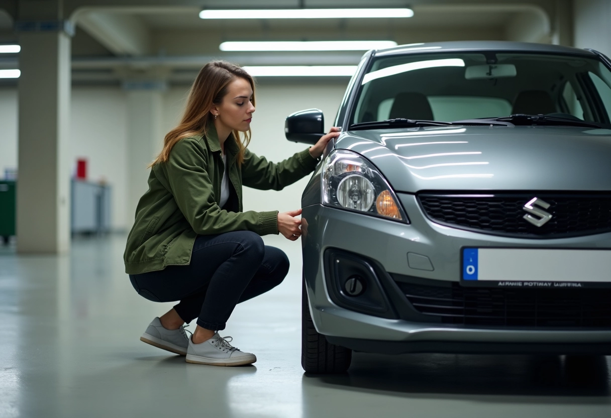 Jeune femme fixe une nouvelle plaque dans un garage moderne