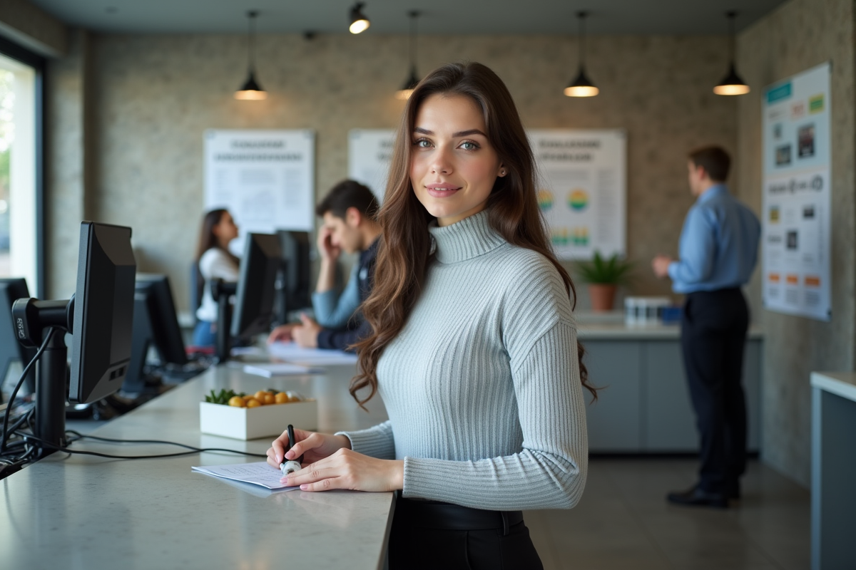 Femme attendant avec une nouvelle plaque dans un bureau