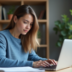 Femme concentrée travaillant sur son ordinateur à domicile