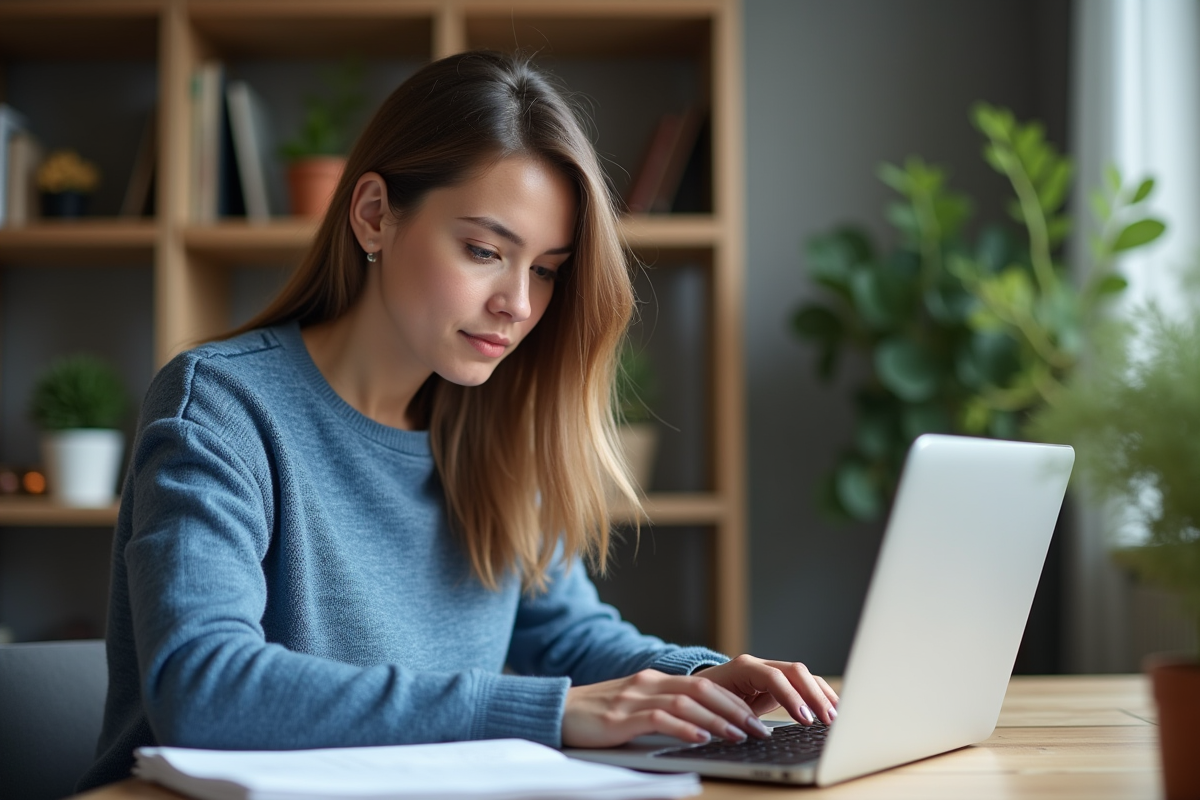 Femme concentrée travaillant sur son ordinateur à domicile