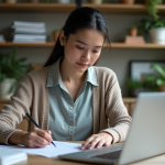 Jeune femme au bureau organisé en home office