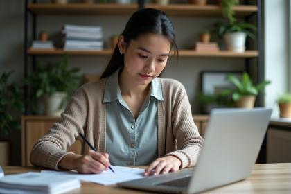 Jeune femme au bureau organisé en home office