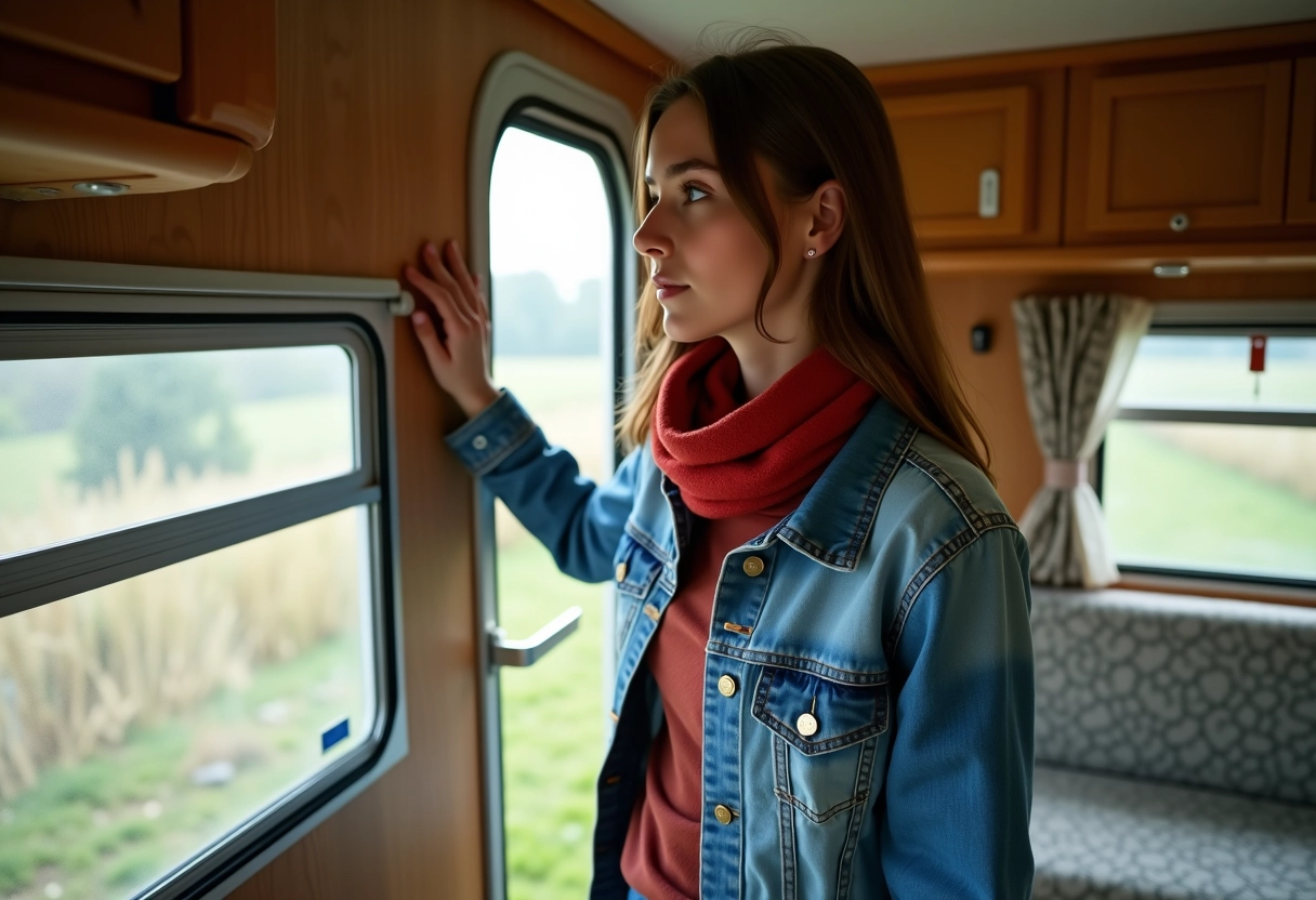 Jeune femme dans une caravane ancienne à l
