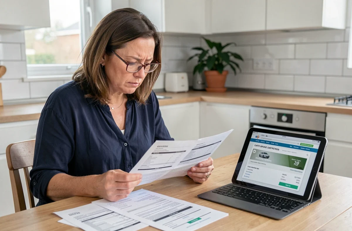 Femme comparant des factures de carte grise sur une tablette et des documents imprimés à la table de sa cuisine
