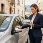 Femme élégante comparant des modèles de voitures sur tablette devant une citadine à Monaco