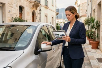 Femme élégante comparant des modèles de voitures sur tablette devant une citadine à Monaco
