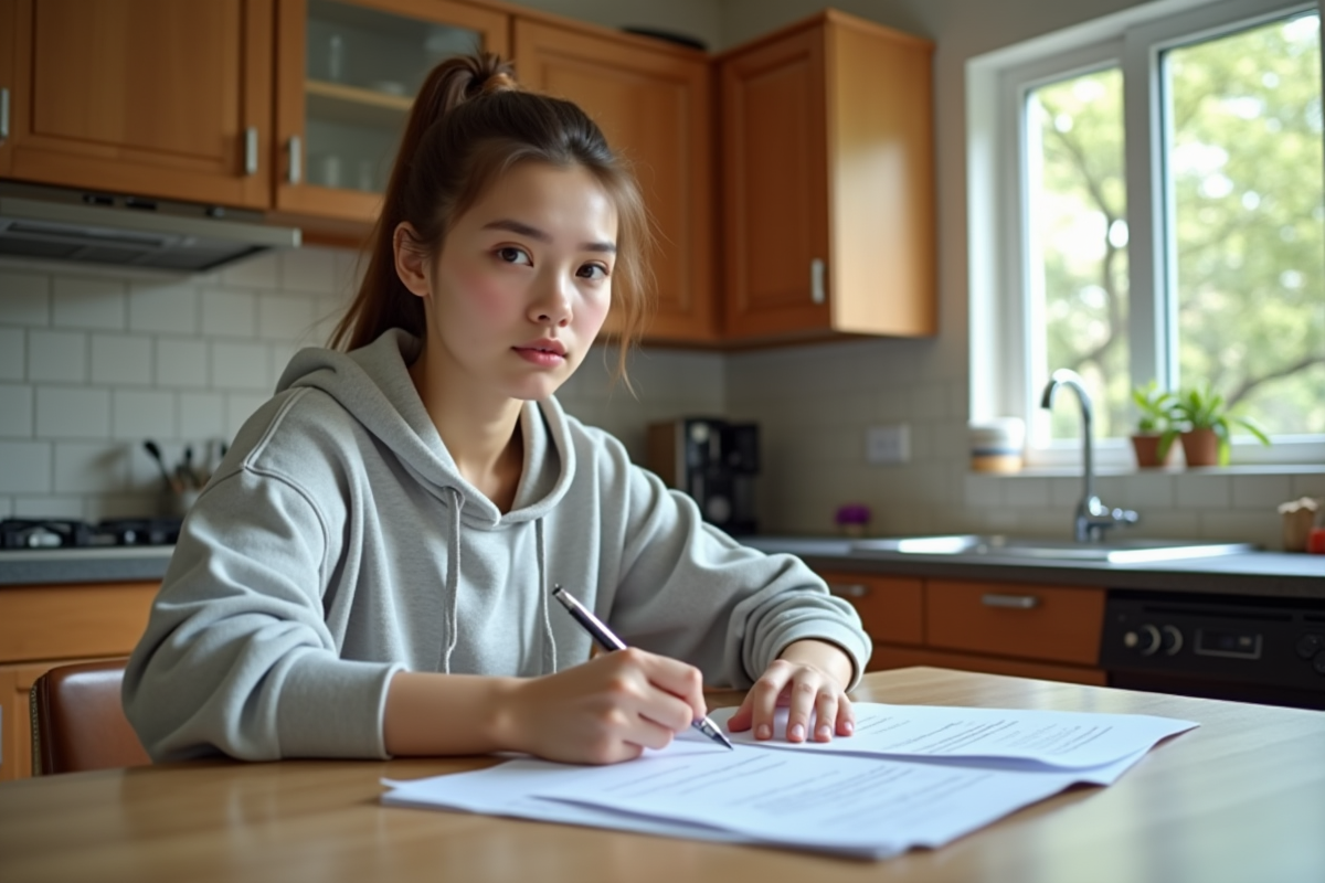 Jeune femme examinant un contrat d