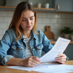 Jeune femme compare ses documents d'assurance voiture à la maison