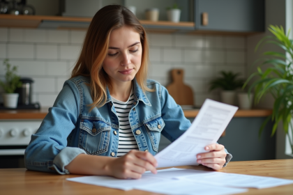 Jeune femme compare ses documents d'assurance voiture à la maison