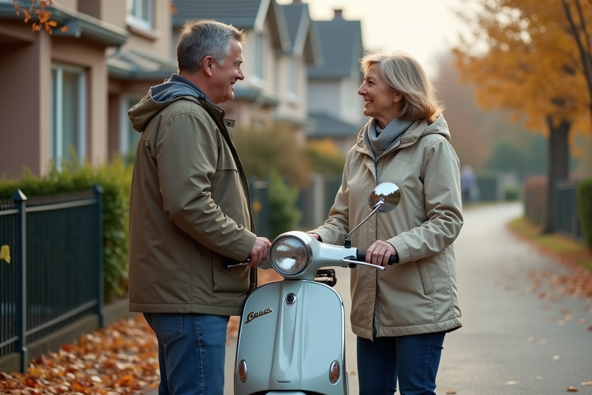 Femme discutant avec un vendeur à côté d’un scooter 50cc d’occasion