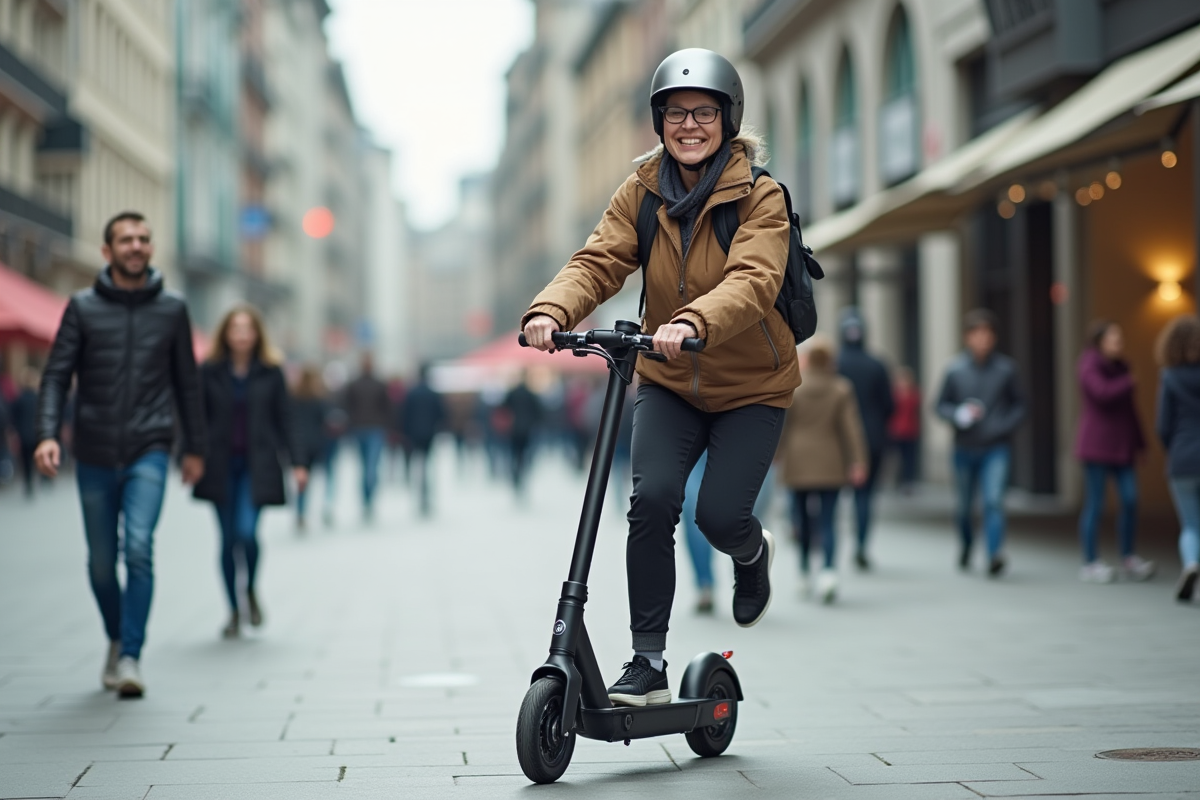 Femme active descend de scooter dans une place urbaine