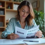 Femme consultant des documents de leasing automobile à son bureau à domicile
