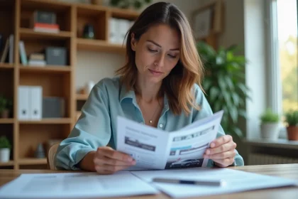 Femme consultant des documents de leasing automobile à son bureau à domicile