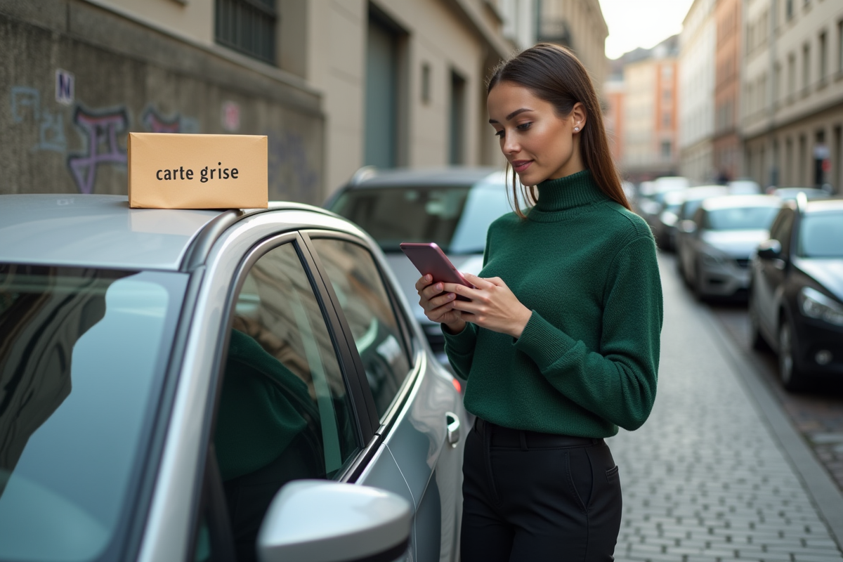 Femme vérifiant son email avec une enveloppe de carte grise