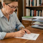 Femme remplissant un formulaire de demande de carte grise pour une voiture sans permis à son bureau