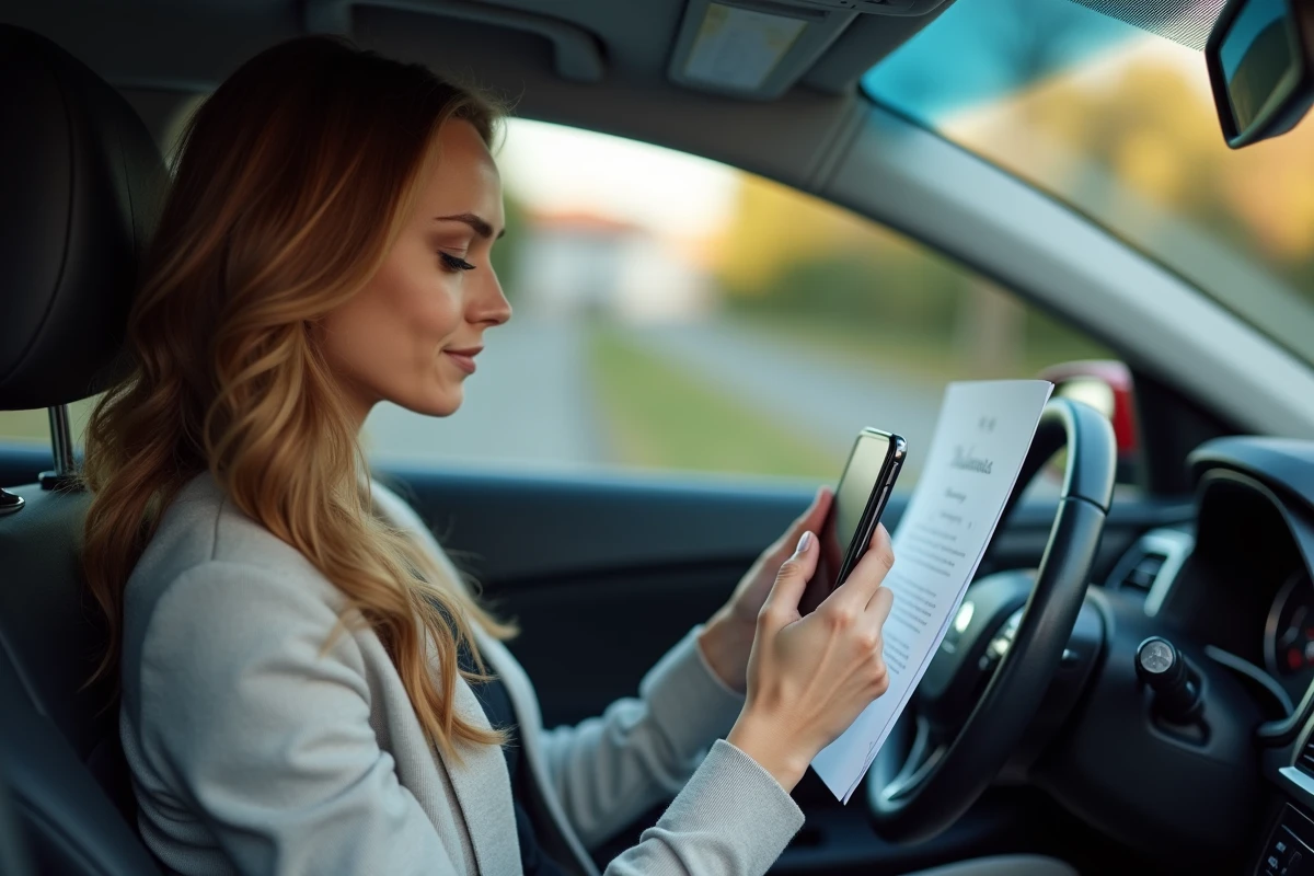 Jeune femme française photographiant un certificat dans la voiture