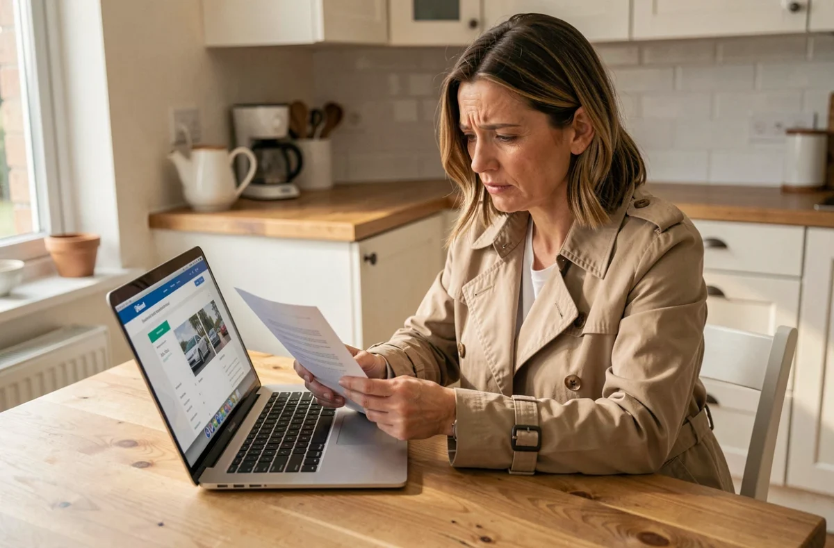 Femme analysant une hausse de prime d'assurance auto sur des documents à la maison