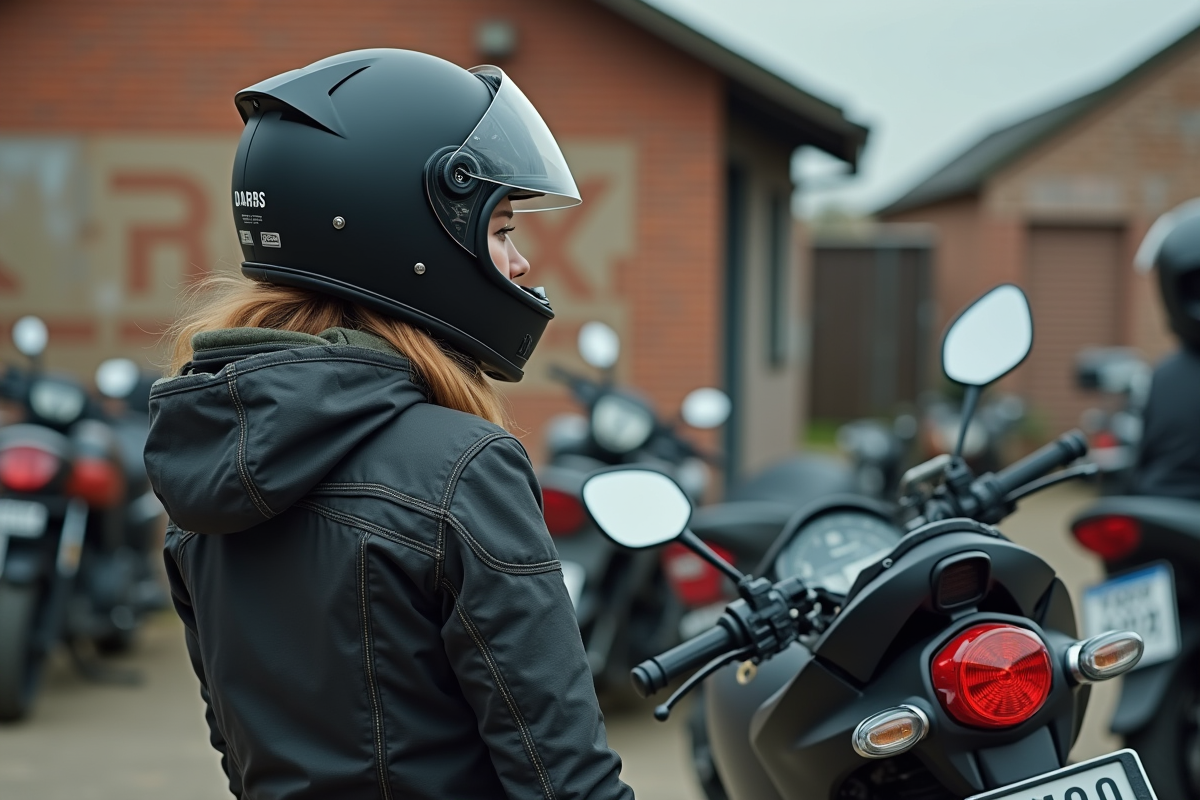 Femme avec casque et veste moto près d une moto Dax 125