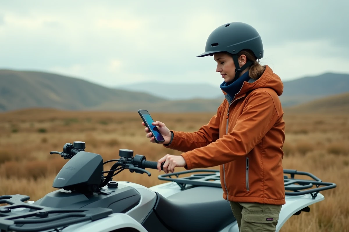 Femme adulte inspectant le tableau de bord d'un quad électrique en pleine nature sur un plateau highland