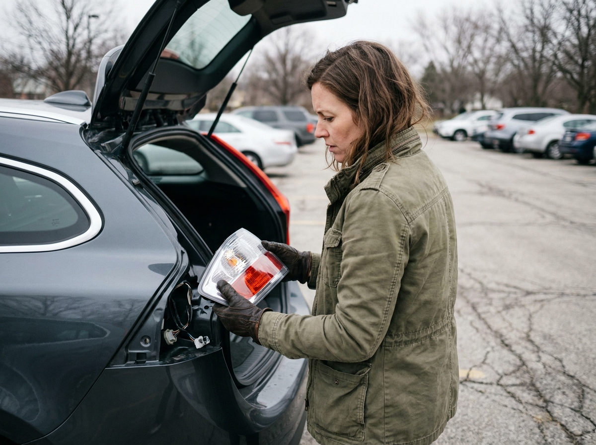 Femme installant un nouveau feu arrière sur une citadine dans un parking extérieur