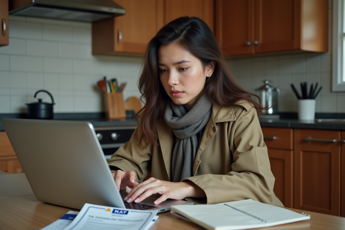 Femme préoccupée utilisant un ordinateur dans la cuisine