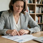 Femme lisant attentivement son contrat d'assurance voiture à son bureau, cherchant à comprendre la franchise
