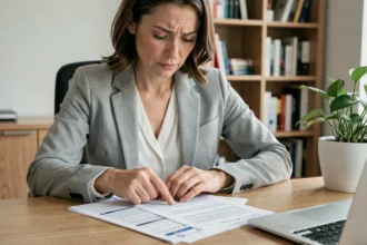 Femme lisant attentivement son contrat d'assurance voiture à son bureau, cherchant à comprendre la franchise