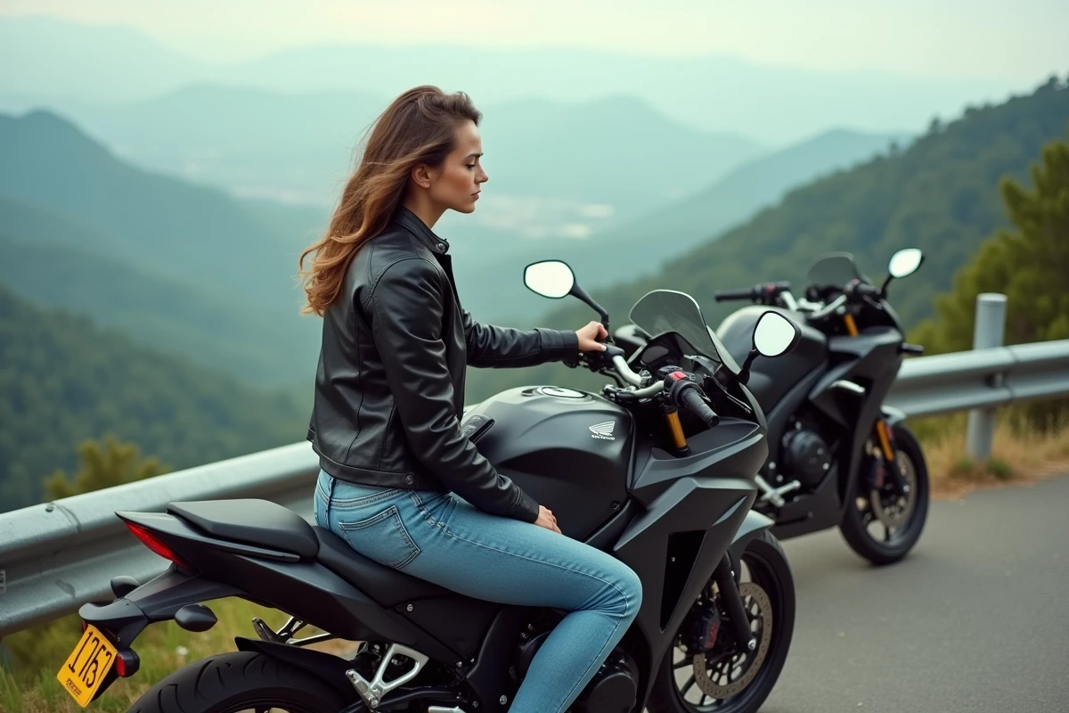Femme motard en cuir regarde son Honda CBR au sommet d