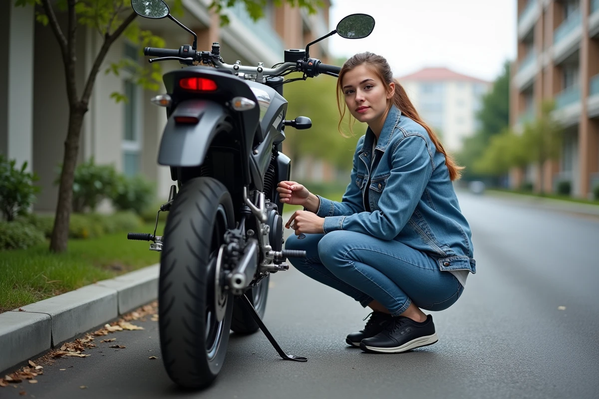 Jeune femme vérifiant la chaîne de sa moto en extérieur