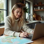 Femme utilisant un site de cartographie dans une cuisine moderne