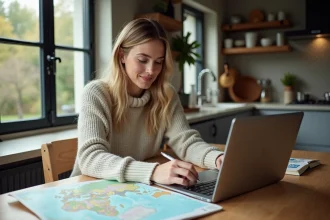 Femme utilisant un site de cartographie dans une cuisine moderne