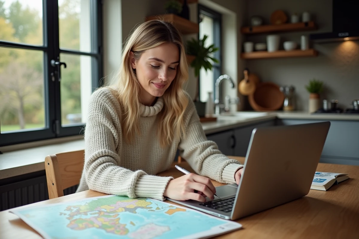 Femme utilisant un site de cartographie dans une cuisine moderne