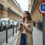 Femme en trench beige observant un panneau de stationnement à Versailles