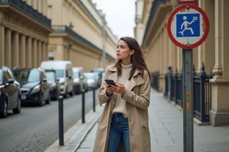 Femme en trench beige observant un panneau de stationnement à Versailles