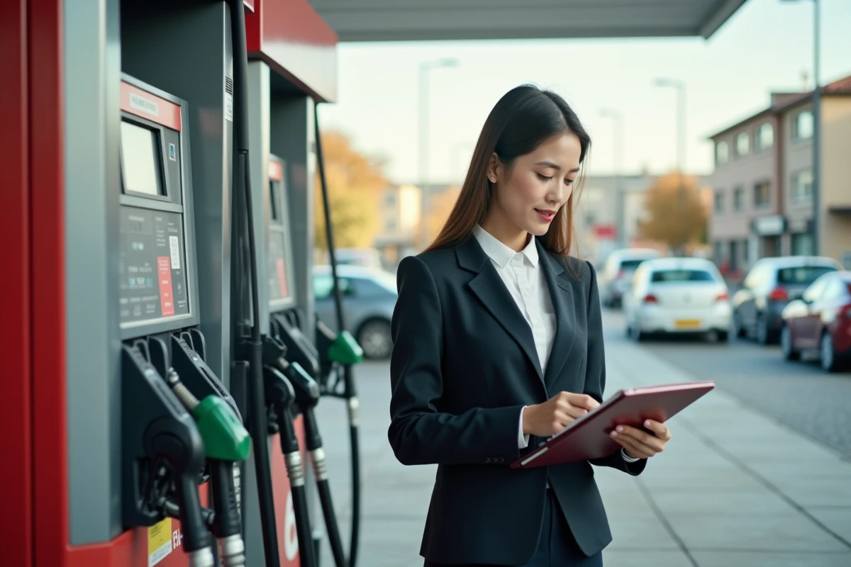 Jeune femme d affaires vérifiant une pompe à essence en ville