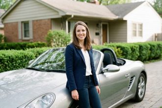 Femme confiante près d'une Porsche roadster élégante