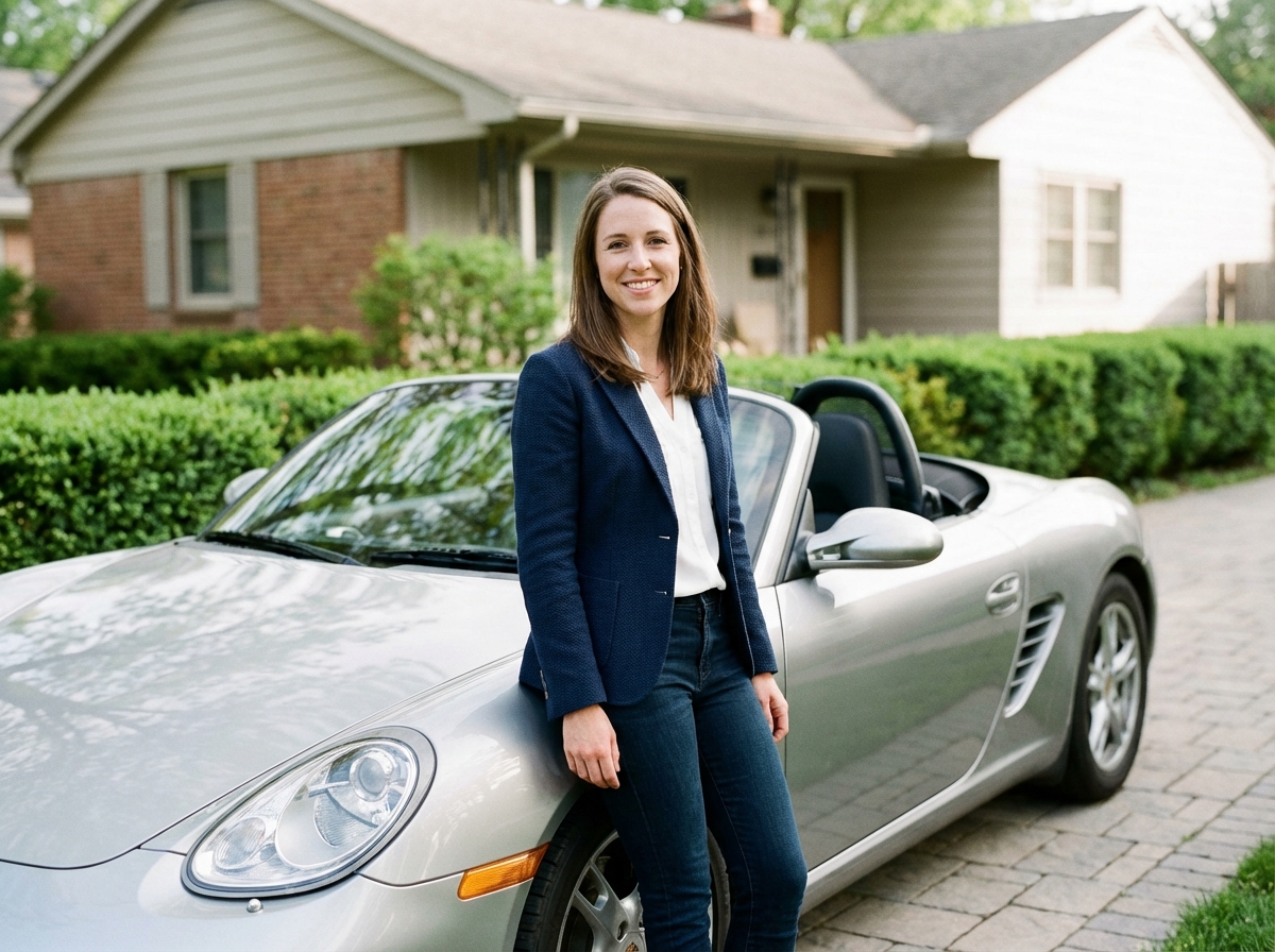 Femme confiante près d'une Porsche roadster élégante