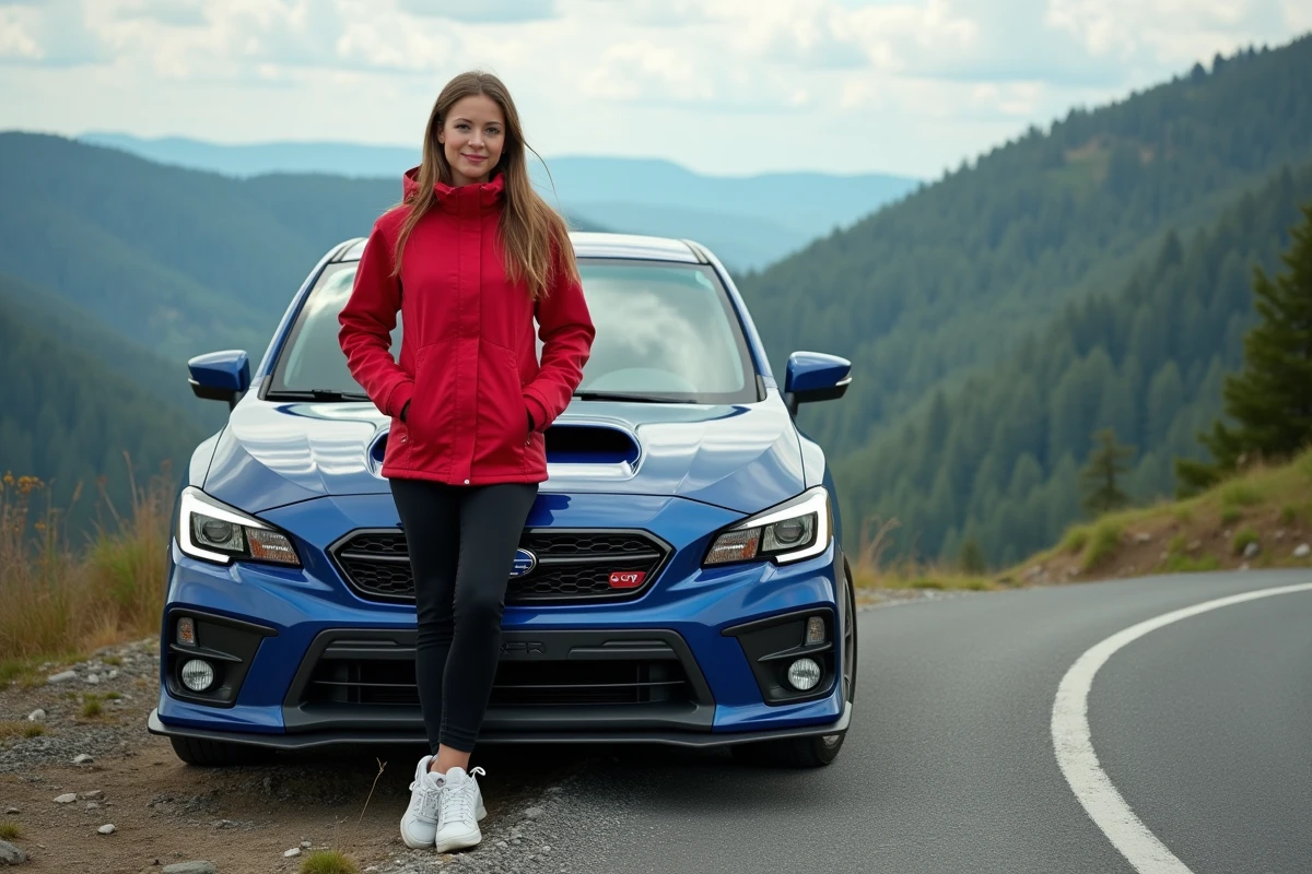 Femme en veste de rally posant près d