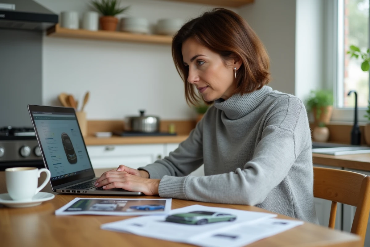 Femme comparant des véhicules sur un ordinateur portable avant un achat automobile