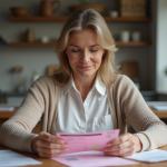 Femme française examine son permis de conduire à la maison
