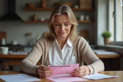 Femme française examine son permis de conduire à la maison