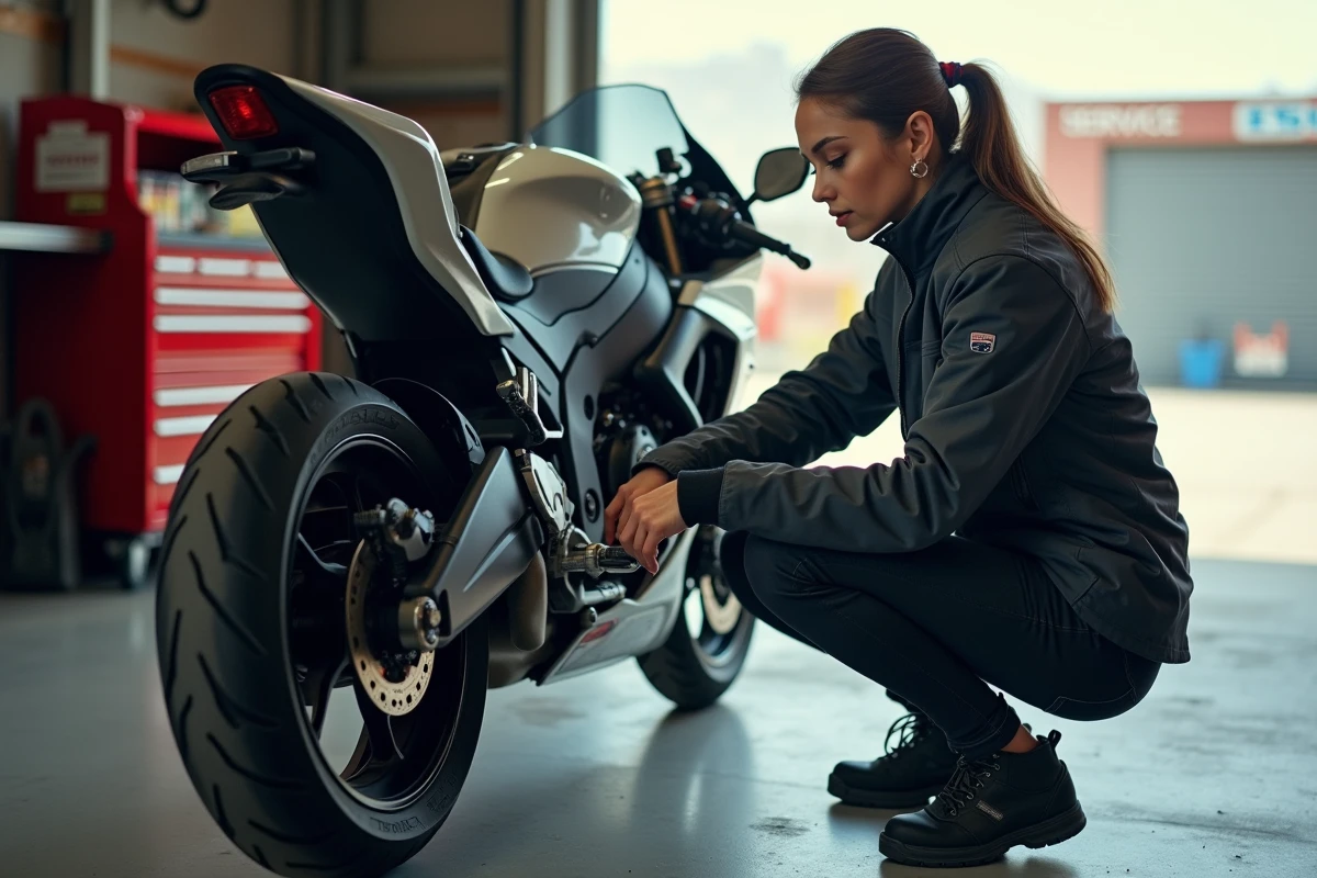 Jeune femme vérifiant la roue d