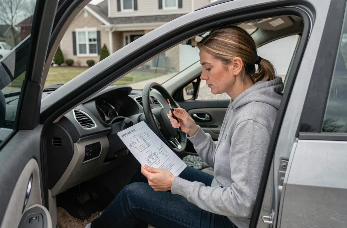 Femme consultant un schéma de fusibles Renault Scenic 2 assise dans l'habitacle pour localiser le fusible des essuie-glaces ou de la clim