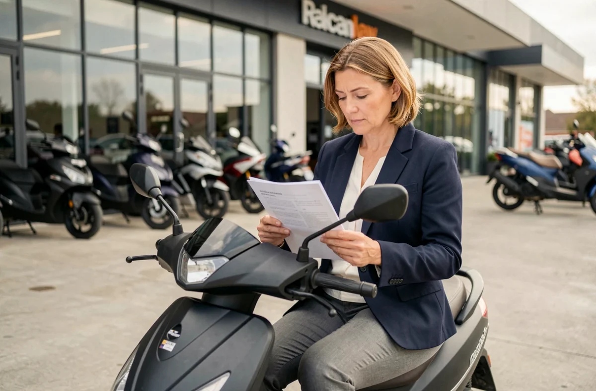 Femme de 50 ans sur un scooter 125cc devant un concessionnaire consultant la réglementation permis B