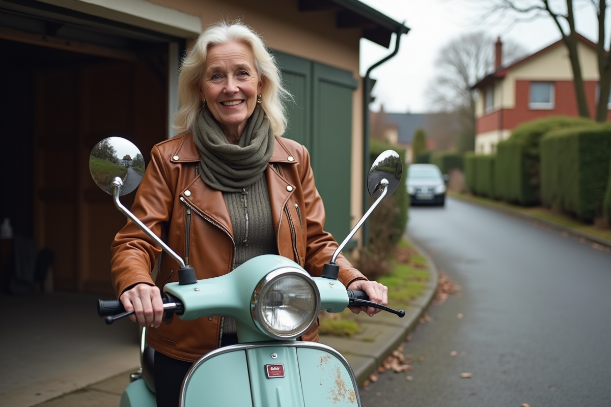 Femme souriante avec scooter d