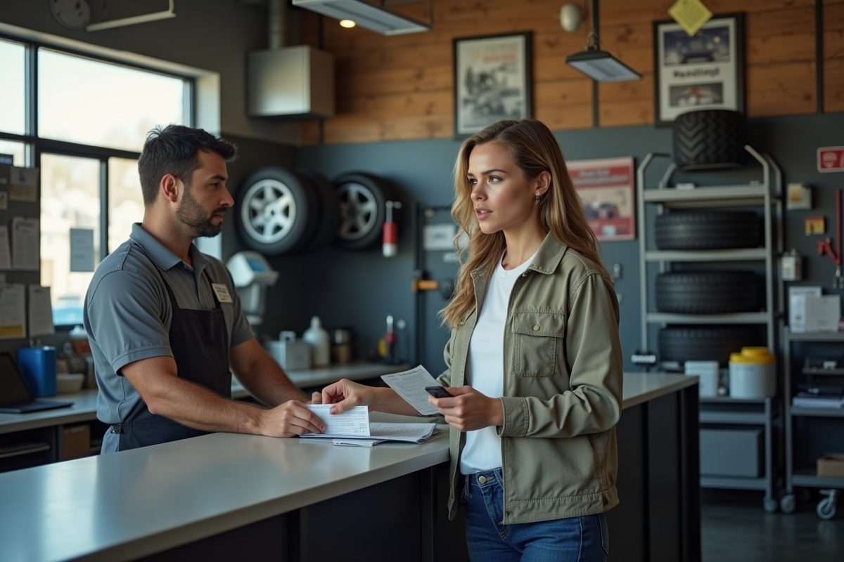Femme discutant avec un employé dans un centre auto